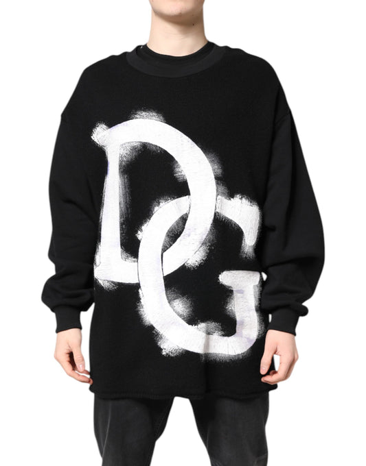 Dolce & Gabbana Black Cotton Logo Print Men Pullover Sweater Dolce & Gabbana