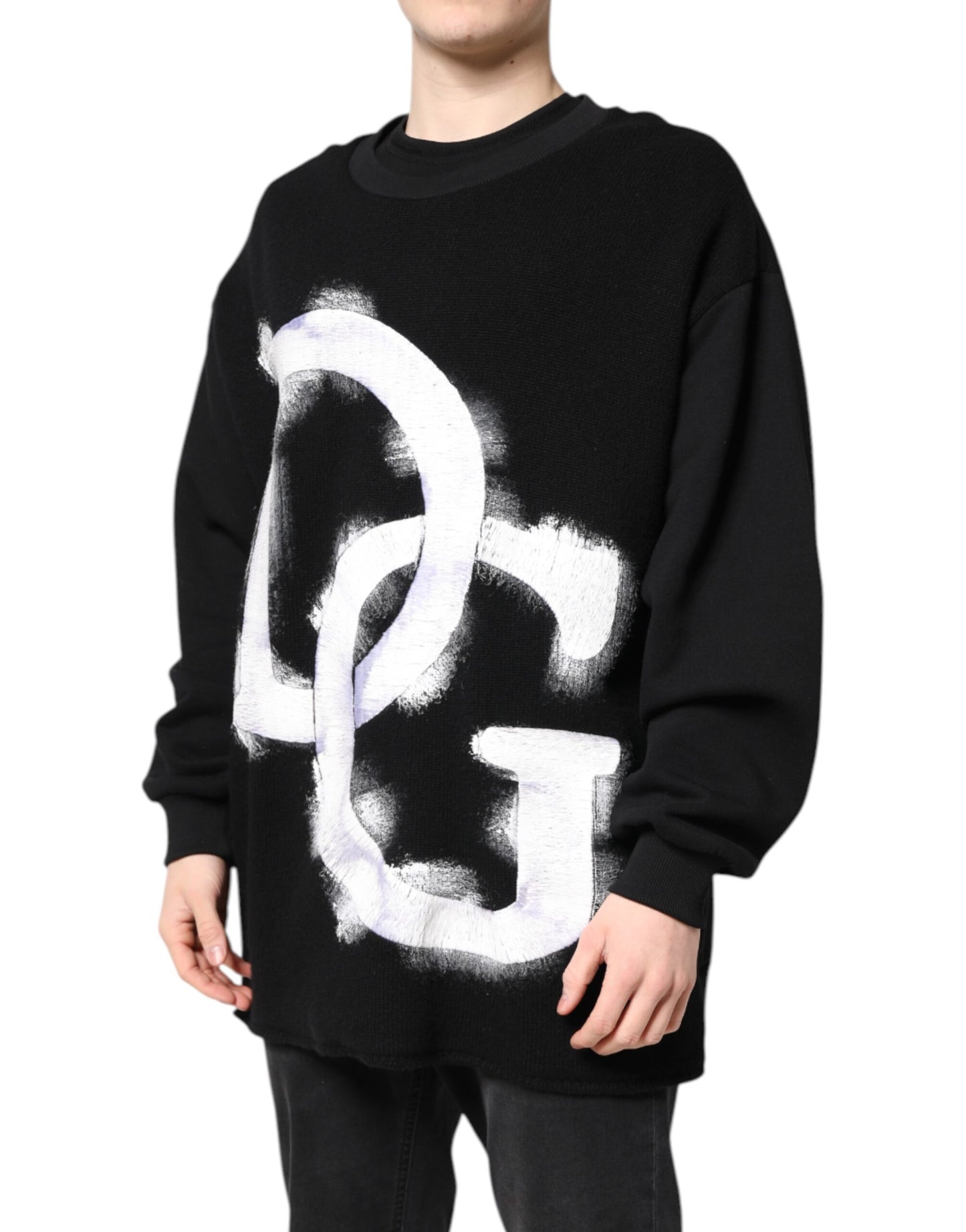 Dolce & Gabbana Black Cotton Logo Print Men Pullover Sweater Dolce & Gabbana