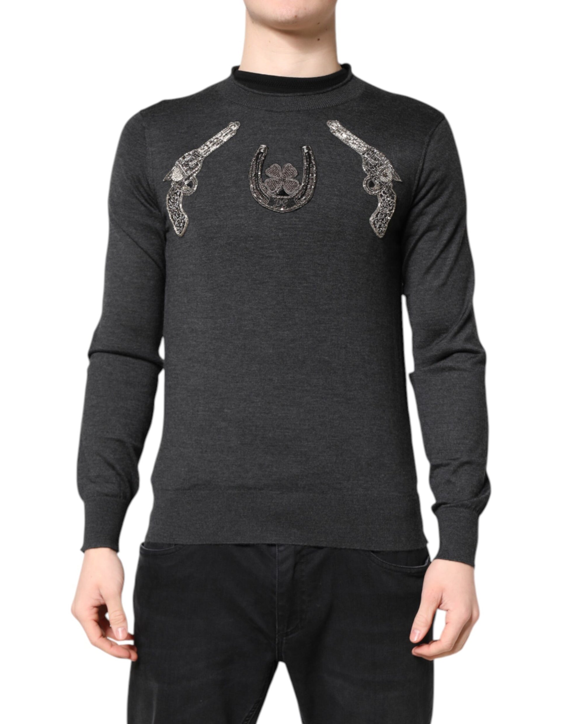 Dolce & Gabbana Gray Embroidery Knit Men Pullover Sweater Dolce & Gabbana