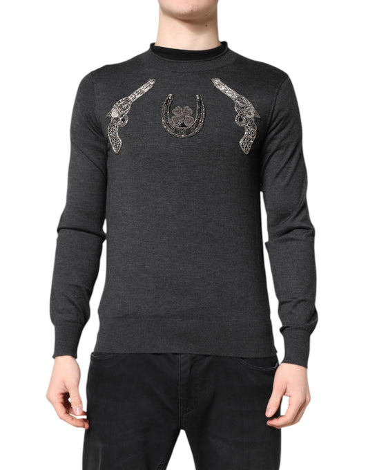 Dolce & Gabbana Gray Embroidery Knit Men Pullover Sweater Dolce & Gabbana