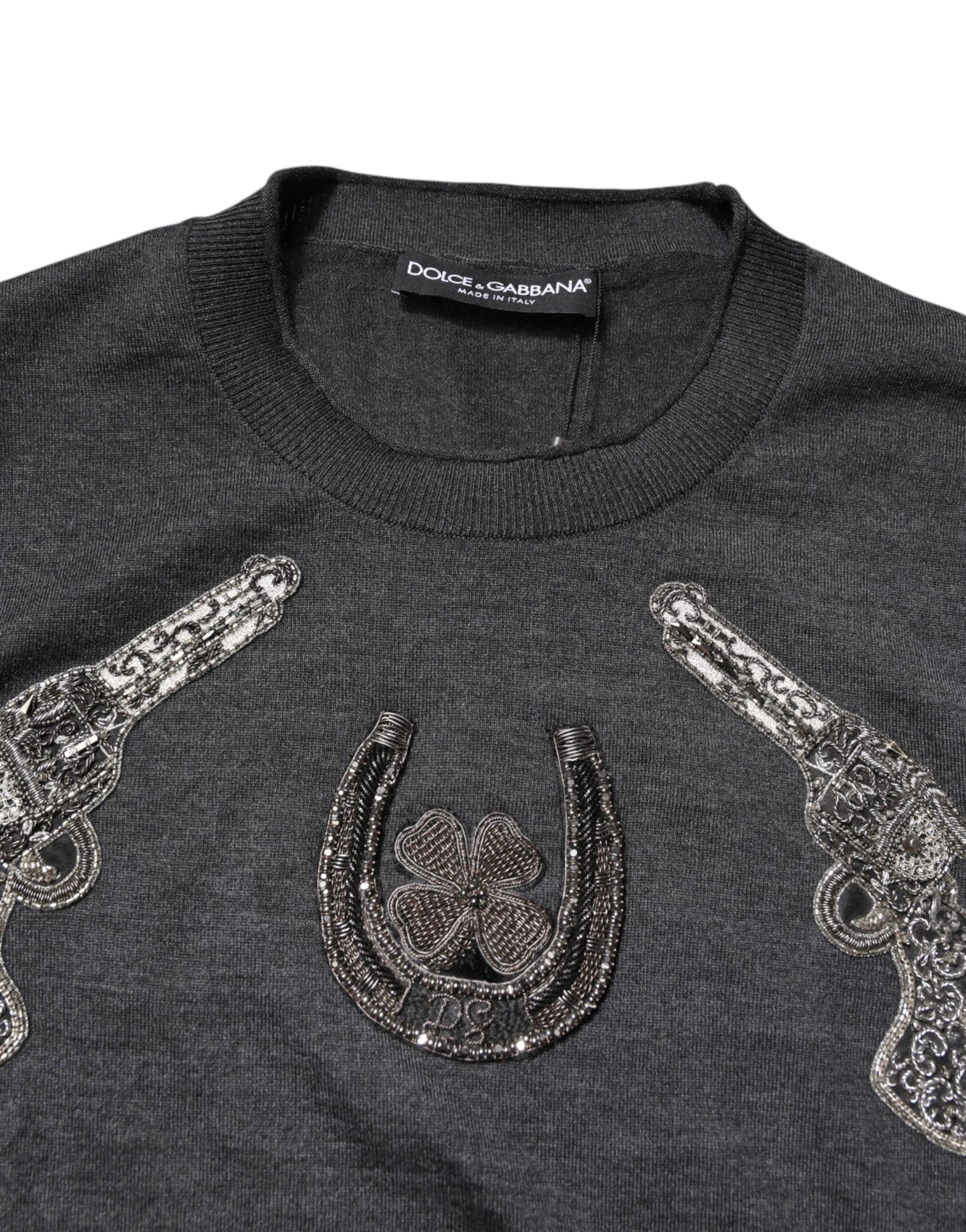 Dolce & Gabbana Gray Embroidery Knit Men Pullover Sweater Dolce & Gabbana