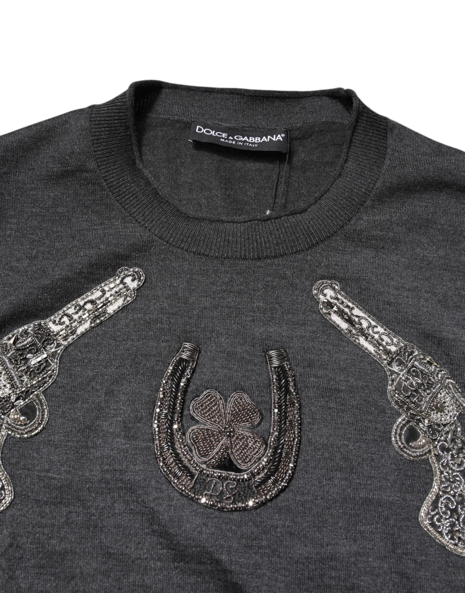 Dolce & Gabbana Gray Embroidery Knit Men Pullover Sweater Dolce & Gabbana