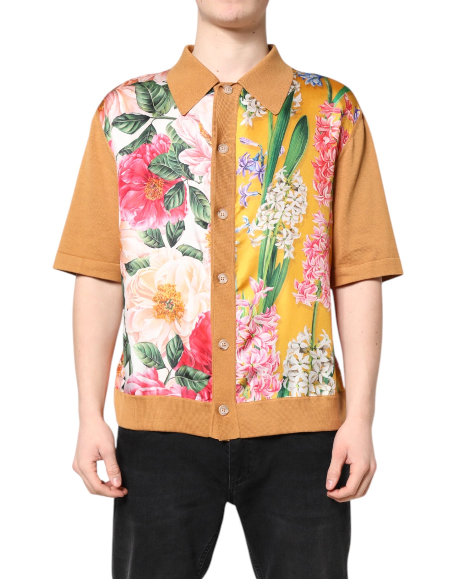 Dolce & Gabbana Brown Floral Collared Short Sleeve T-shirt Dolce & Gabbana