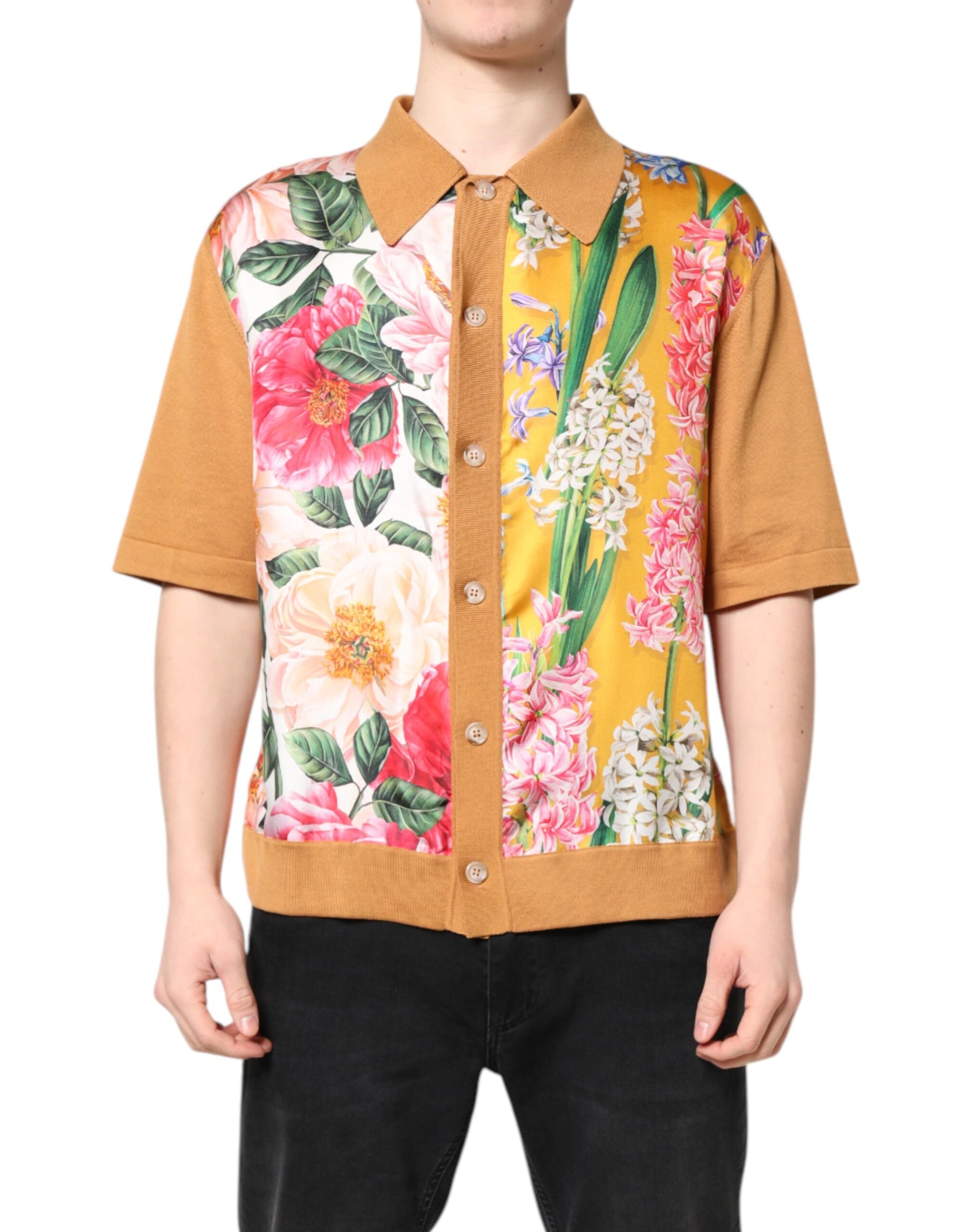 Dolce & Gabbana Brown Floral Collared Short Sleeve T-shirt Dolce & Gabbana