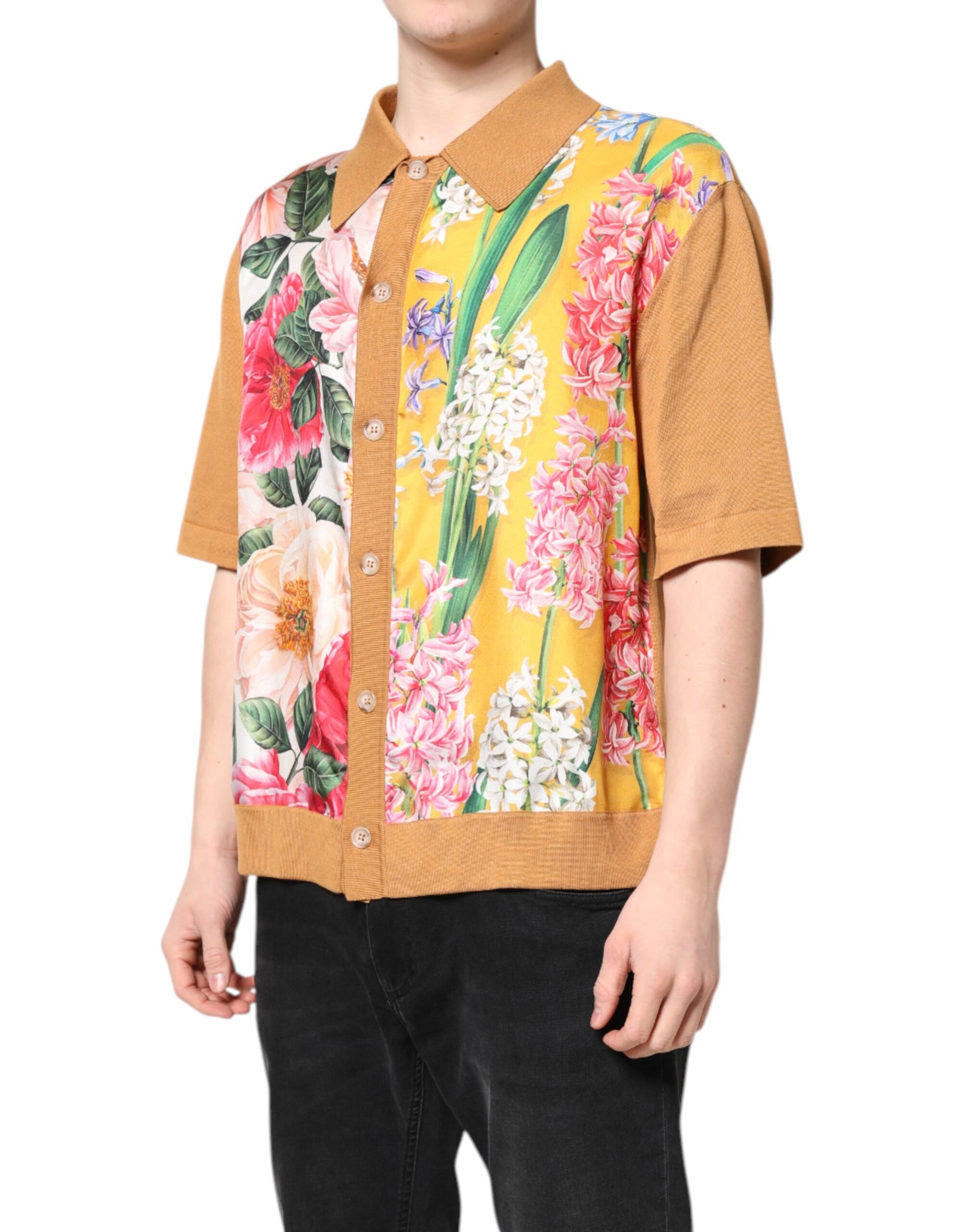 Dolce & Gabbana Brown Floral Collared Short Sleeve T-shirt Dolce & Gabbana