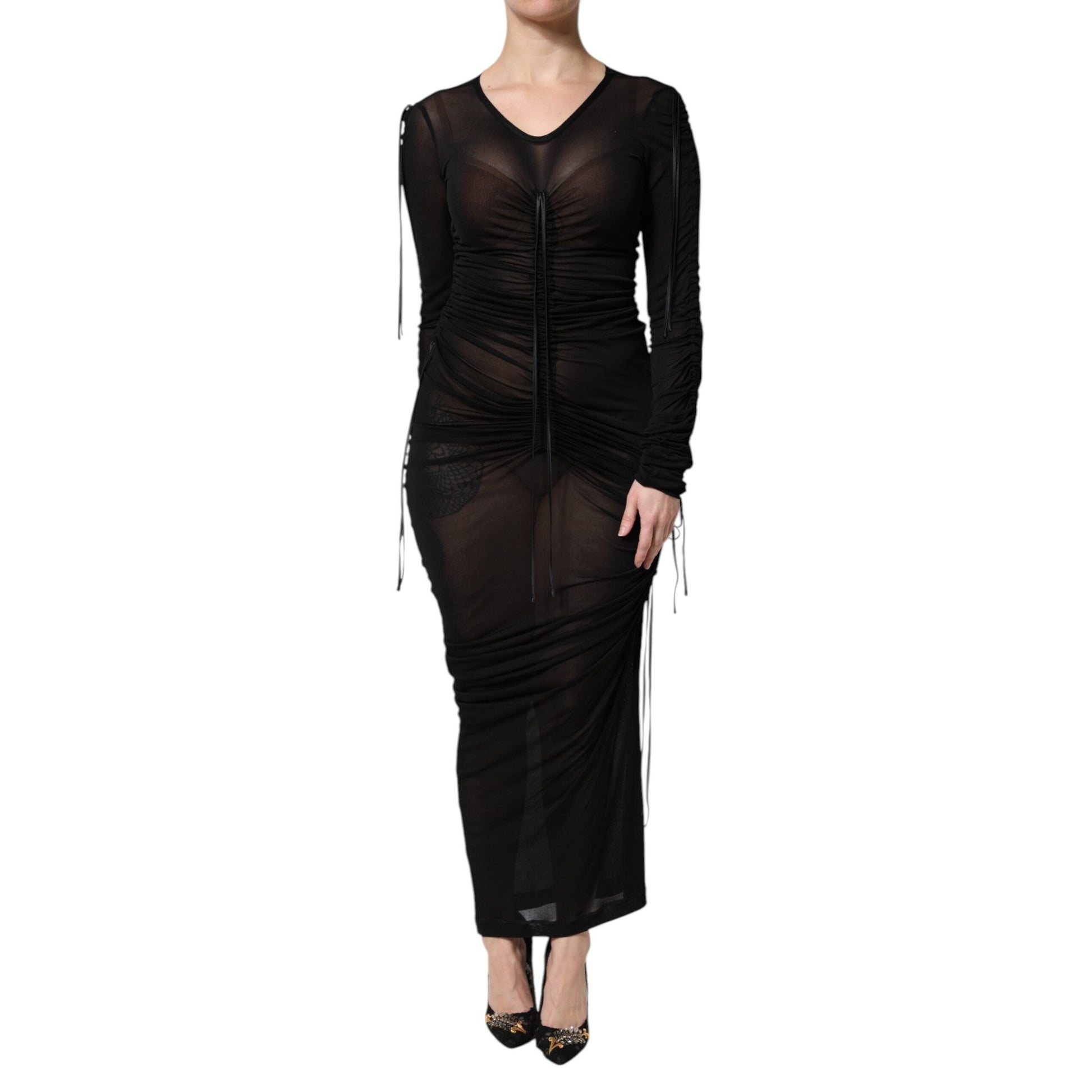 Dolce & Gabbana Black Mesh Trim Bodycon Long Sheath Dress Dolce & Gabbana