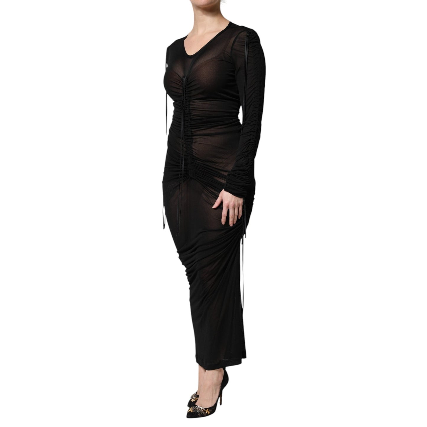 Dolce & Gabbana Black Mesh Trim Bodycon Long Sheath Dress Dolce & Gabbana