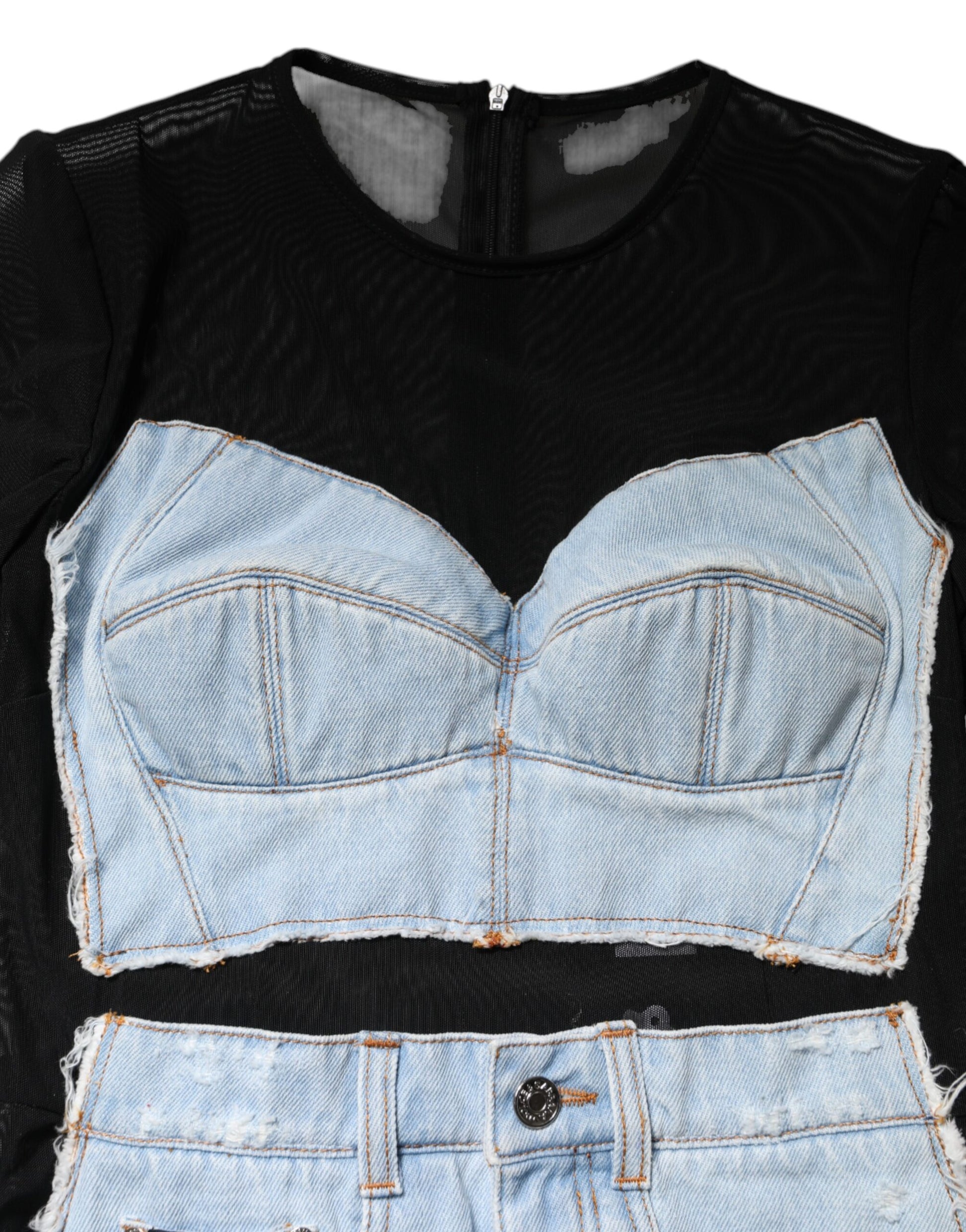 Dolce & Gabbana Black Blue Long Sleeves Denim Mini Dress Dolce & Gabbana