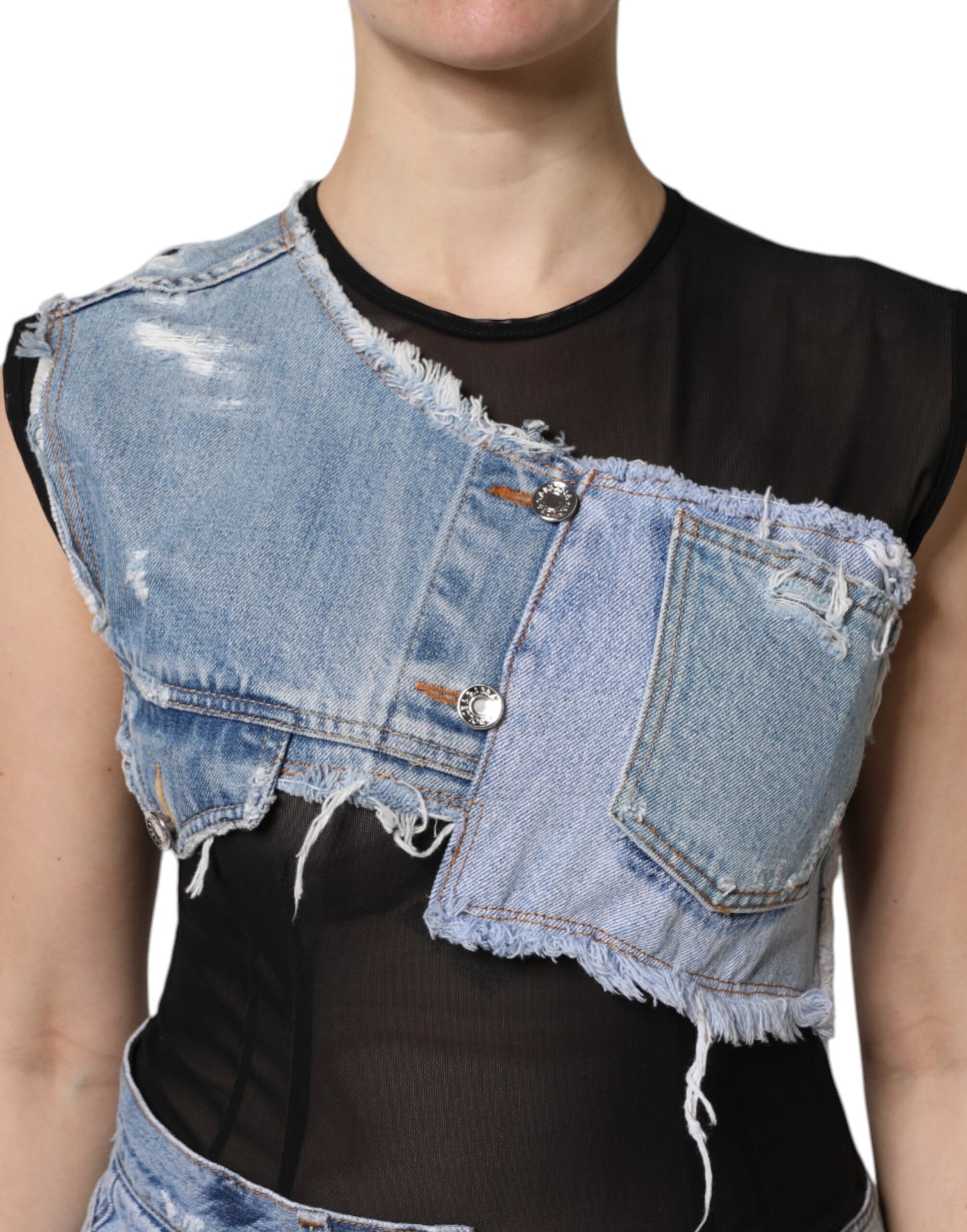 Dolce & Gabbana Black Blue Sleeveless Denim Mini Dress Dolce & Gabbana