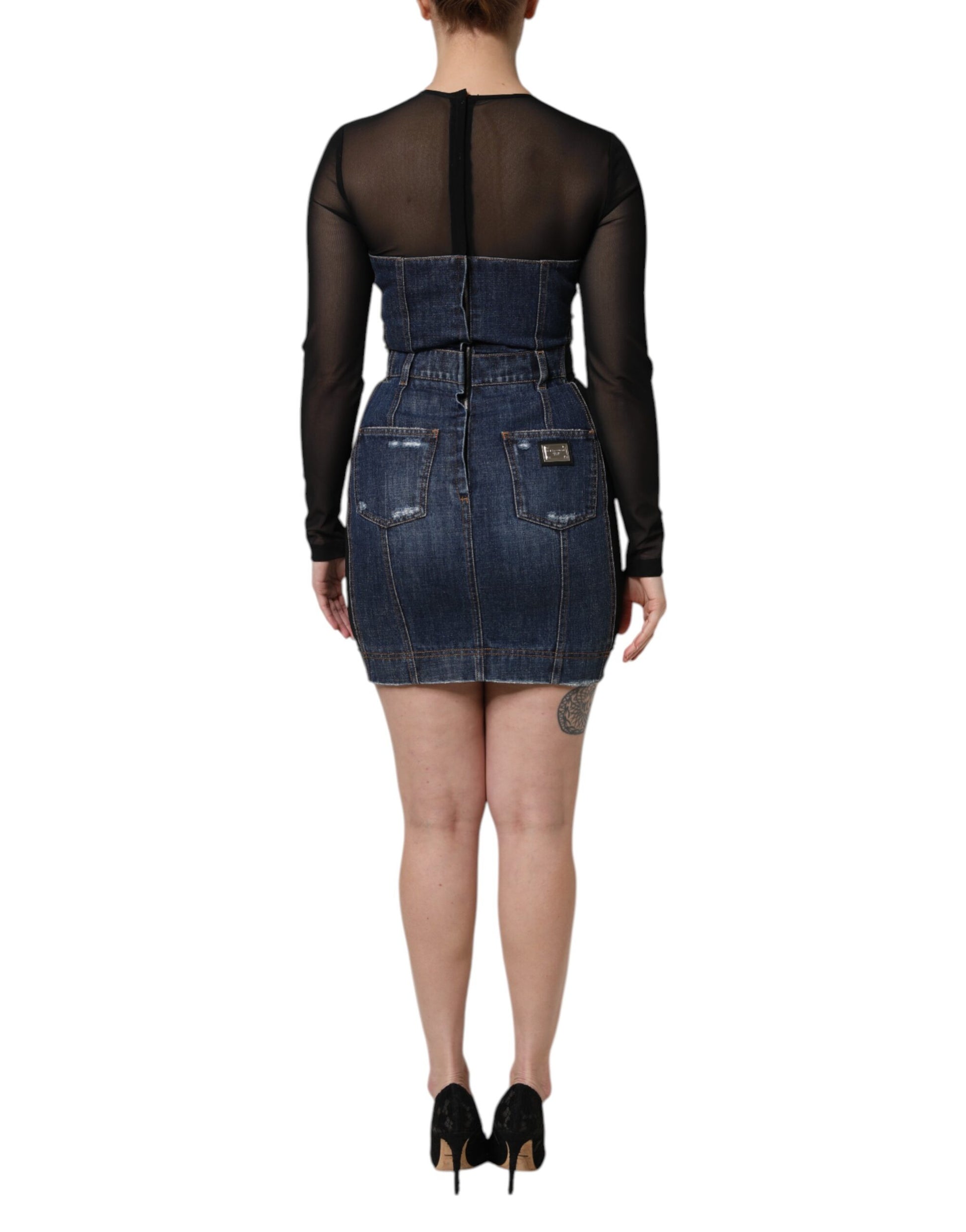 Dolce & Gabbana Black Blue Long Sleeves Denim Mini Dress Dolce & Gabbana