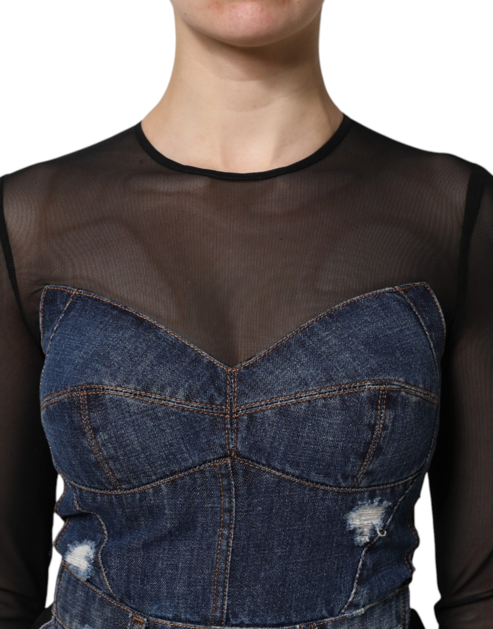 Dolce & Gabbana Black Blue Long Sleeves Denim Mini Dress Dolce & Gabbana