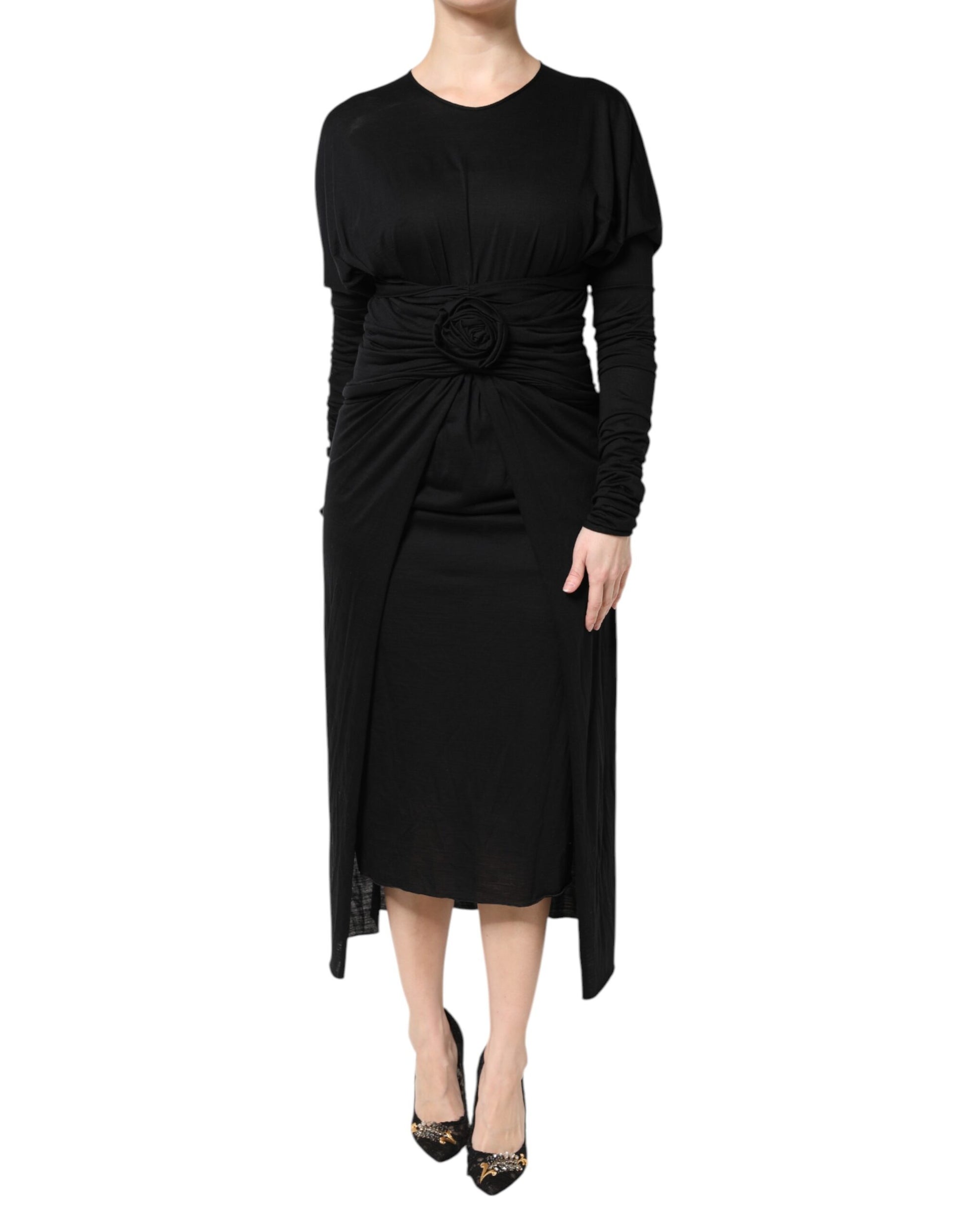 Dolce & Gabbana Black Wool Long Sleeves Sheath Midi Dress Dolce & Gabbana