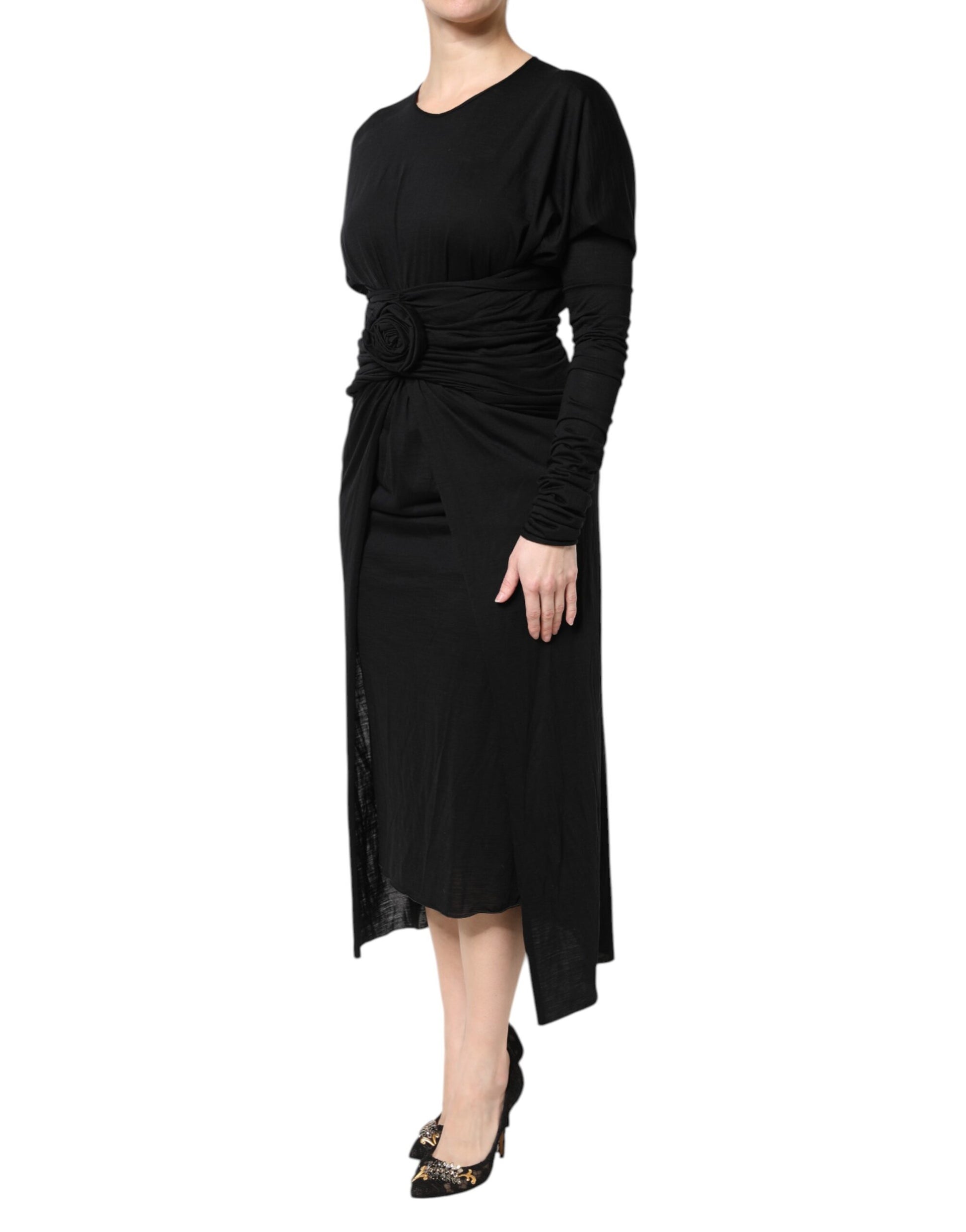 Dolce & Gabbana Black Wool Long Sleeves Sheath Midi Dress Dolce & Gabbana