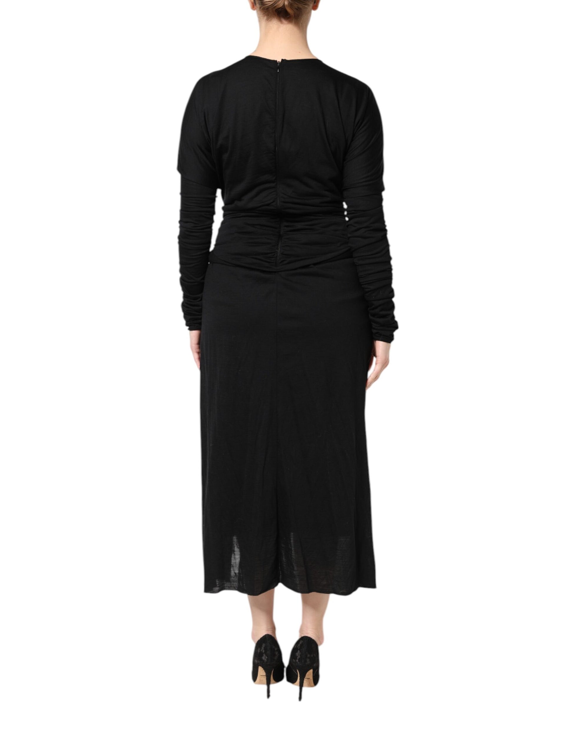 Dolce & Gabbana Black Wool Long Sleeves Sheath Midi Dress Dolce & Gabbana