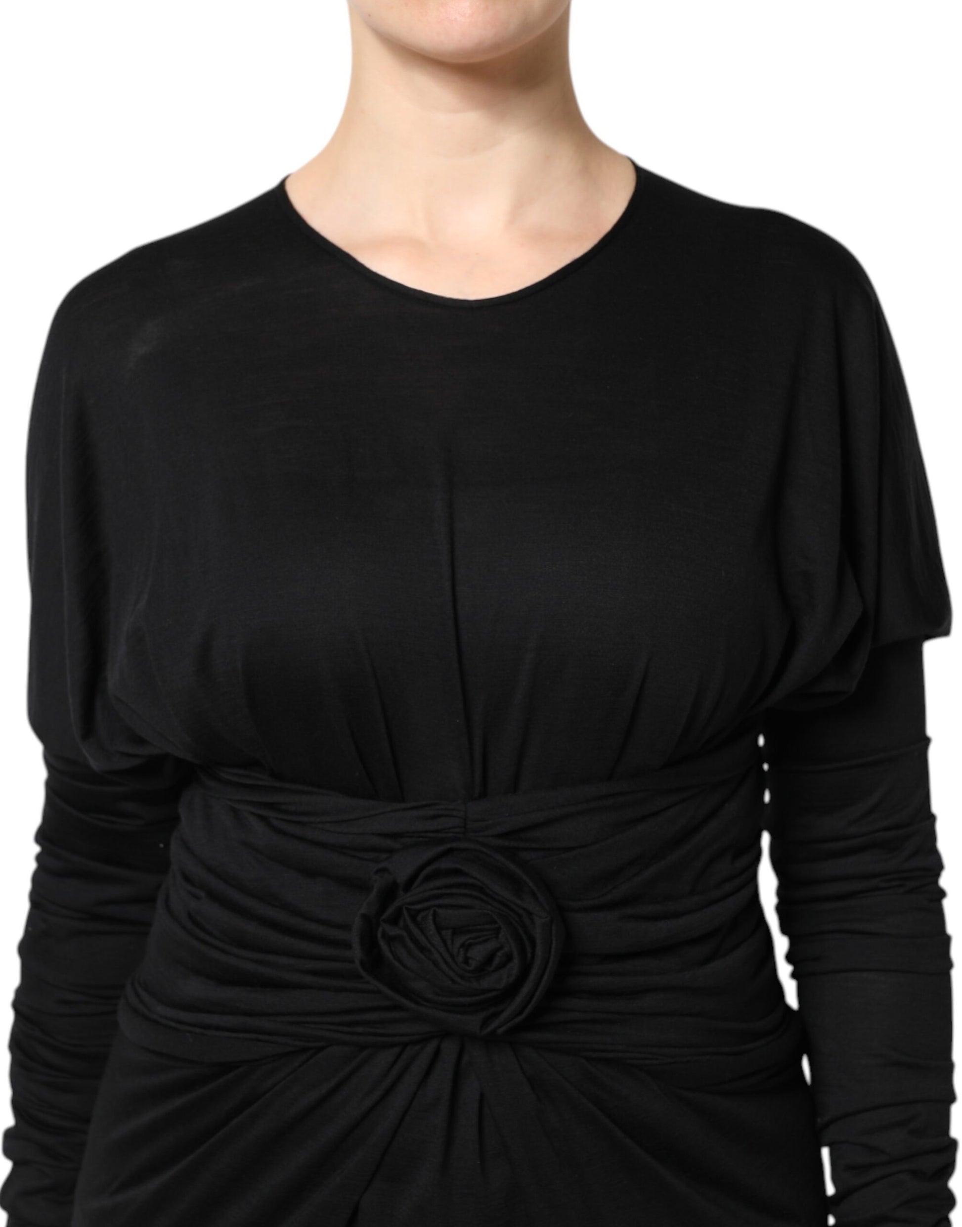 Dolce & Gabbana Black Wool Long Sleeves Sheath Midi Dress Dolce & Gabbana