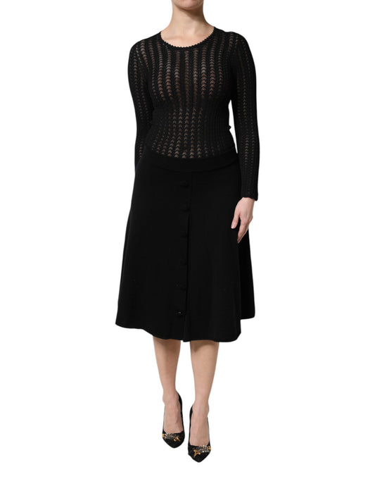 Dolce & Gabbana Black Cashmere Long Sleeves A-line Midi Dress Dolce & Gabbana