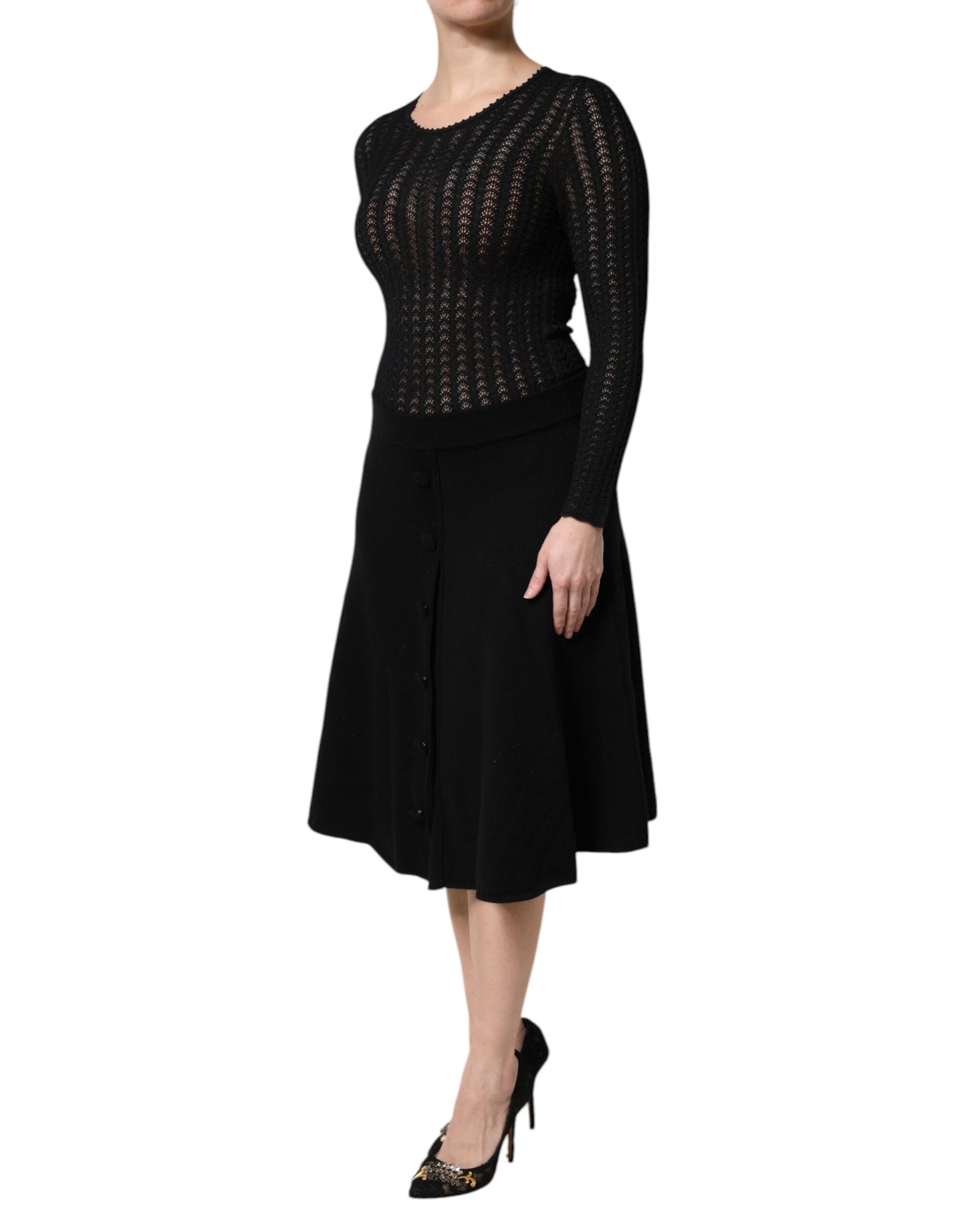 Dolce & Gabbana Black Cashmere Long Sleeves A-line Midi Dress Dolce & Gabbana