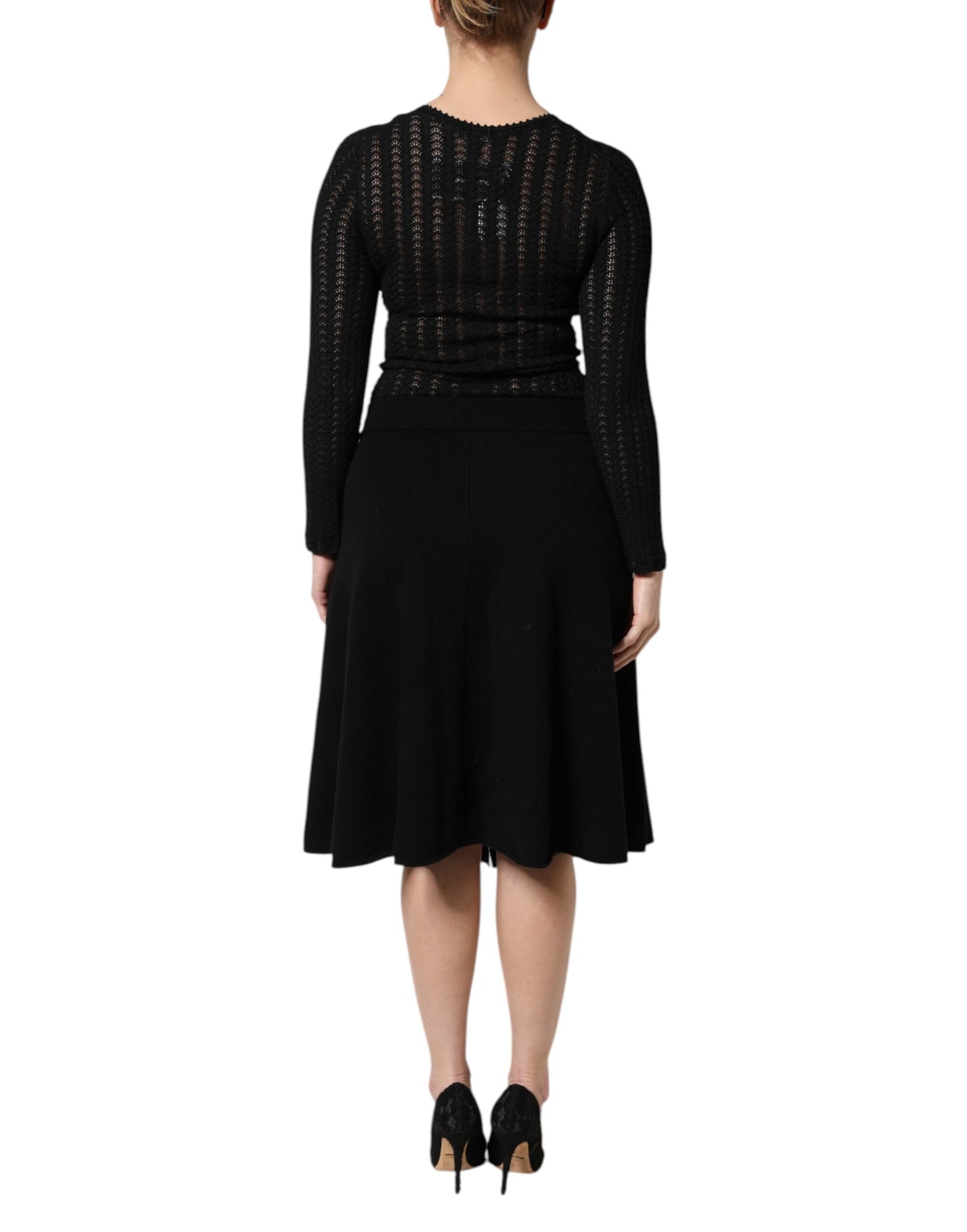 Dolce & Gabbana Black Cashmere Long Sleeves A-line Midi Dress Dolce & Gabbana