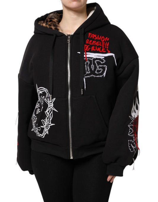 Dolce & Gabbana Black Embroidered Full Zip Hooded Jacket Dolce & Gabbana