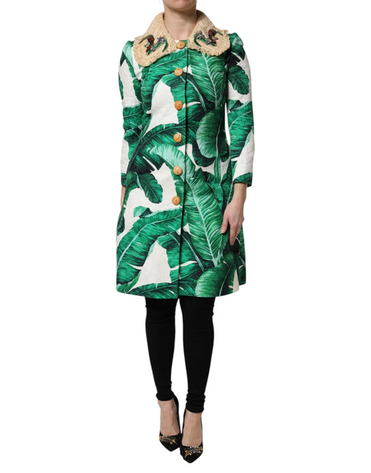 Dolce & Gabbana Multicolor Leaf Print Embellished Trenchcoat Jacket Dolce & Gabbana