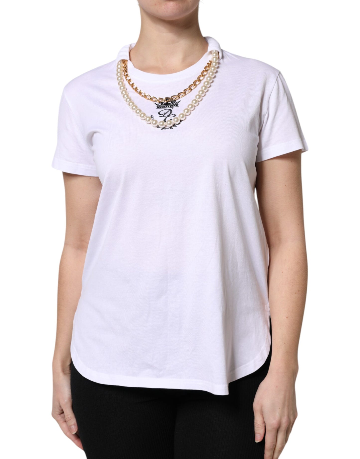 Dolce & Gabbana White Chain Pearl Cotton Round Neck T-shirt Dolce & Gabbana