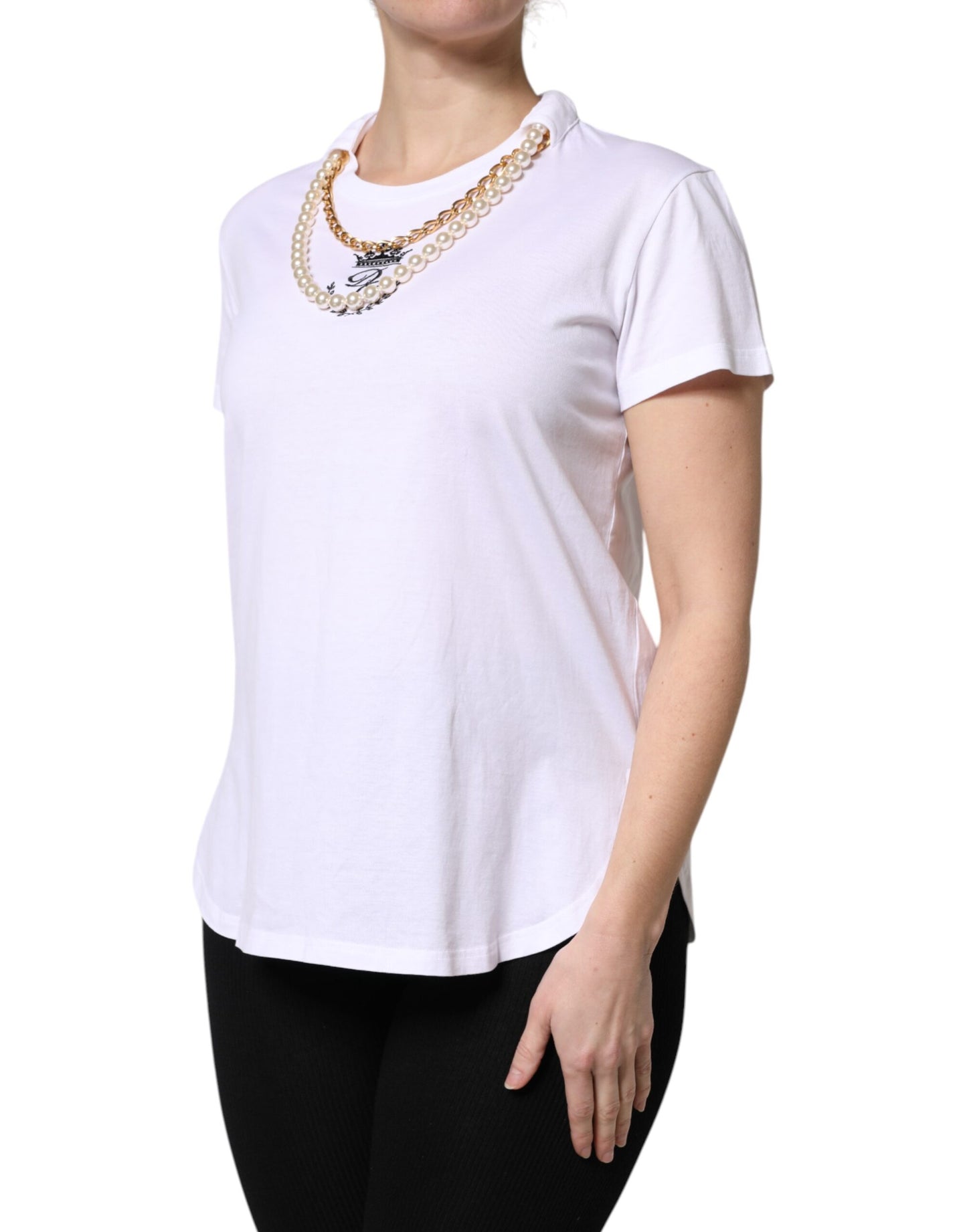 Dolce & Gabbana White Chain Pearl Cotton Round Neck T-shirt Dolce & Gabbana