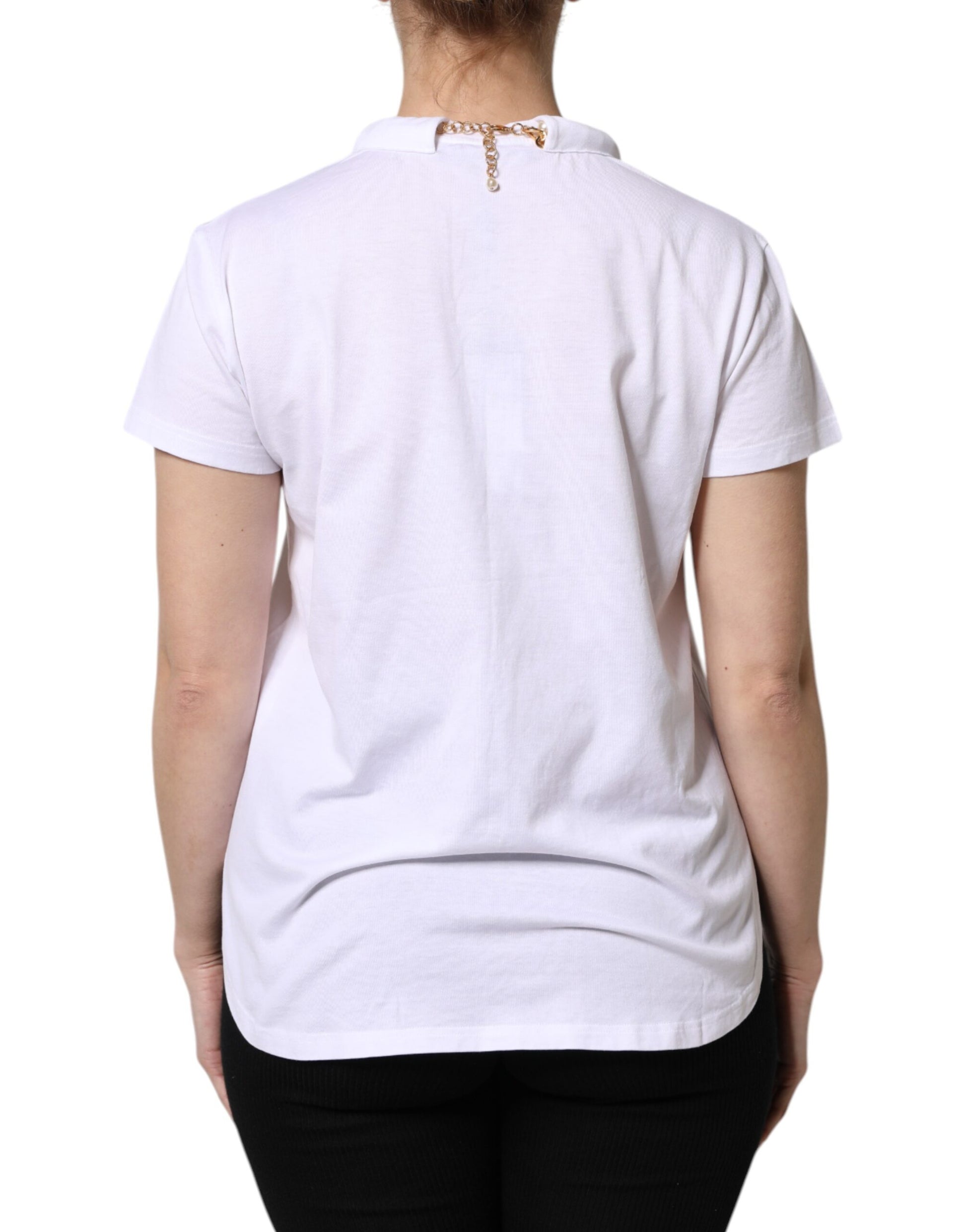 Dolce & Gabbana White Chain Pearl Cotton Round Neck T-shirt Dolce & Gabbana
