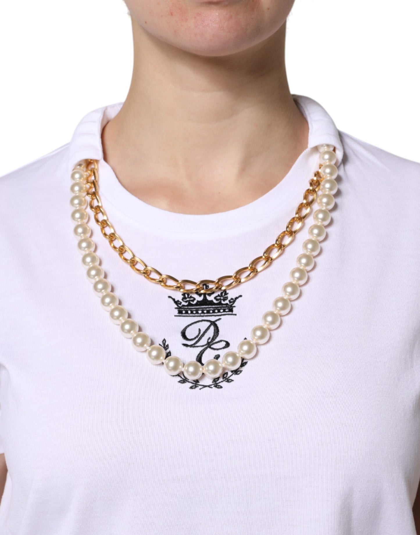 Dolce & Gabbana White Chain Pearl Cotton Round Neck T-shirt Dolce & Gabbana