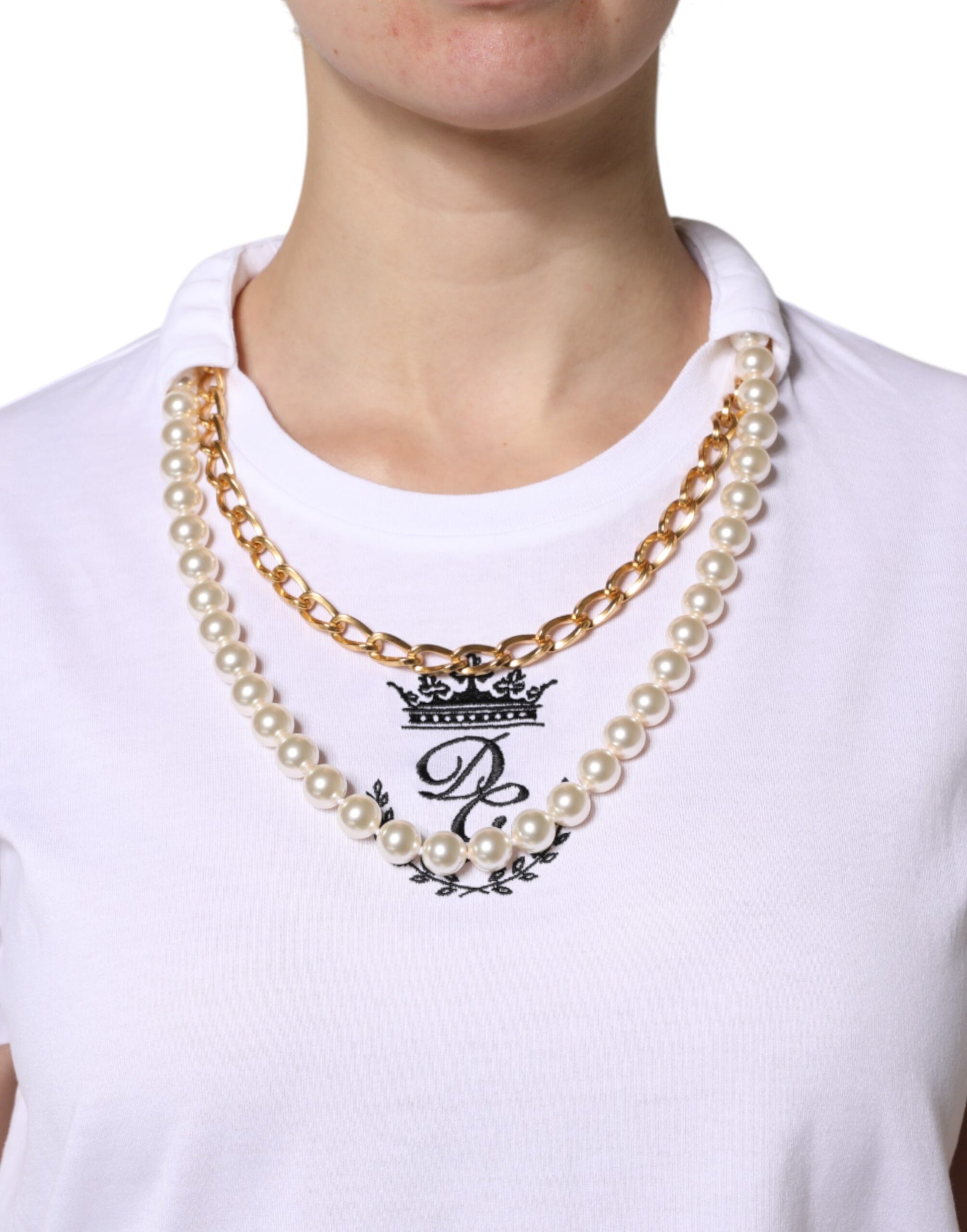 Dolce & Gabbana White Chain Pearl Cotton Round Neck T-shirt Dolce & Gabbana