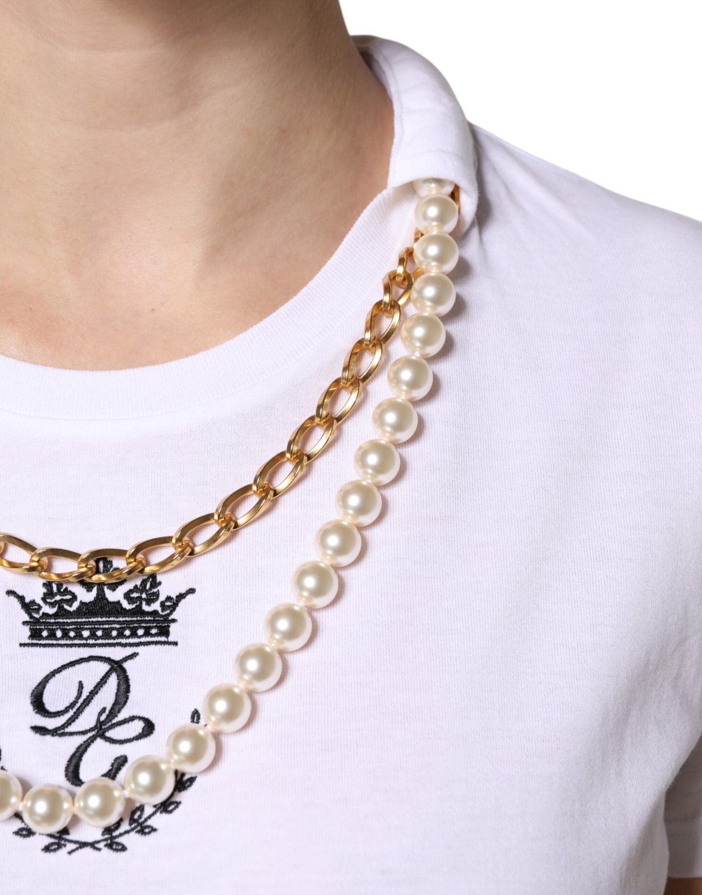 Dolce & Gabbana White Chain Pearl Cotton Round Neck T-shirt Dolce & Gabbana
