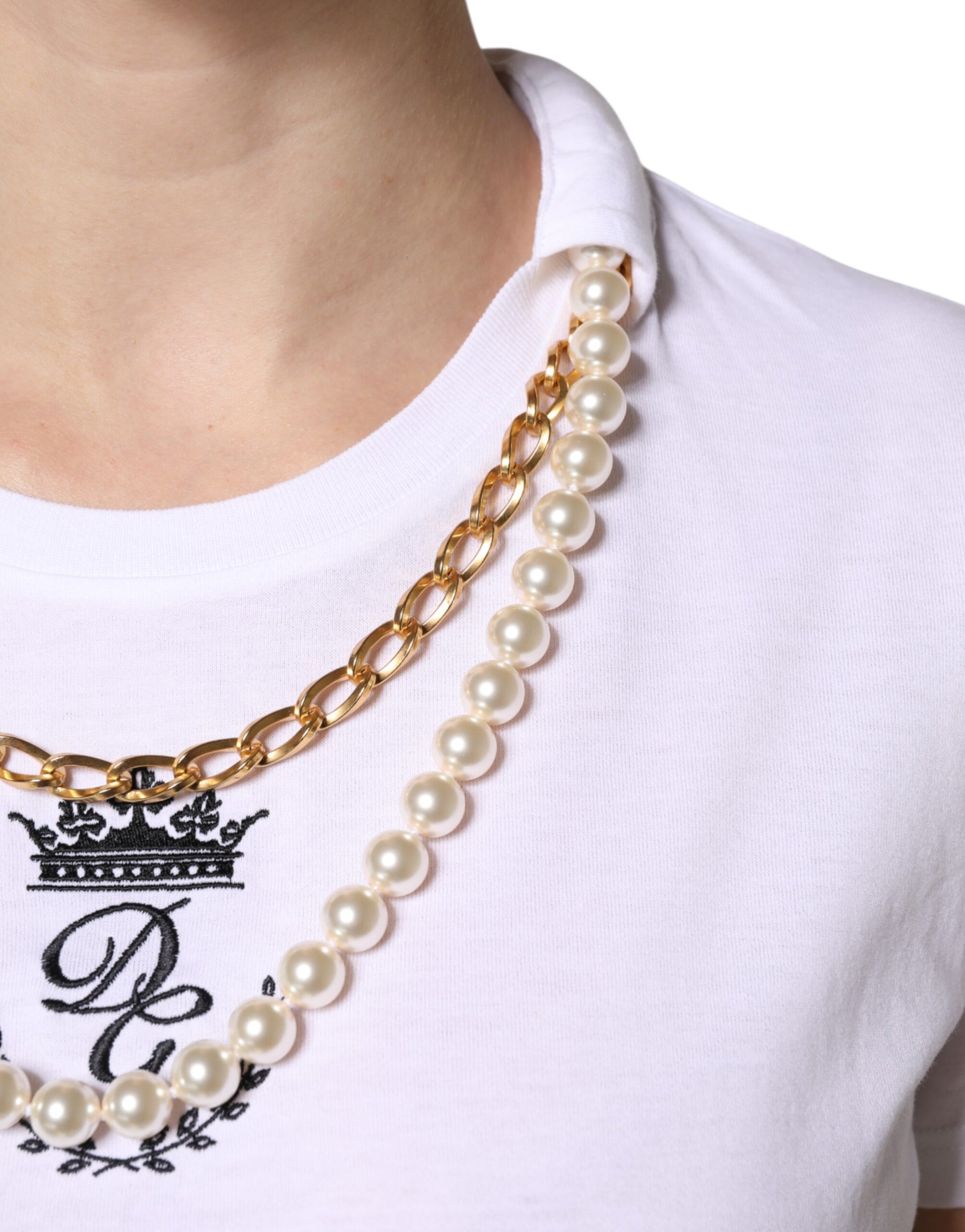 Dolce & Gabbana White Chain Pearl Cotton Round Neck T-shirt Dolce & Gabbana