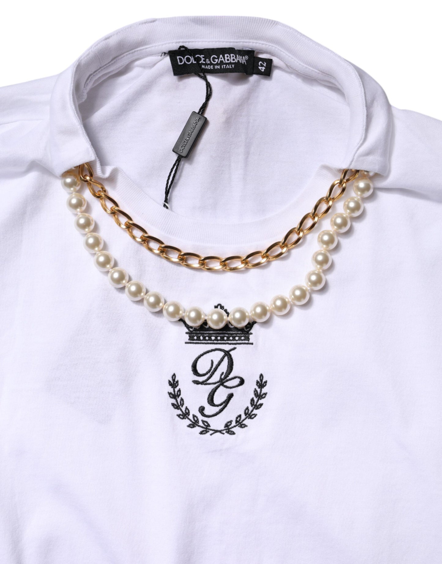 Dolce & Gabbana White Chain Pearl Cotton Round Neck T-shirt Dolce & Gabbana