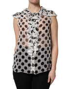 Dolce & Gabbana White Black Polka Dot Cotton Sleeveless Top - Eljoys Fashion 