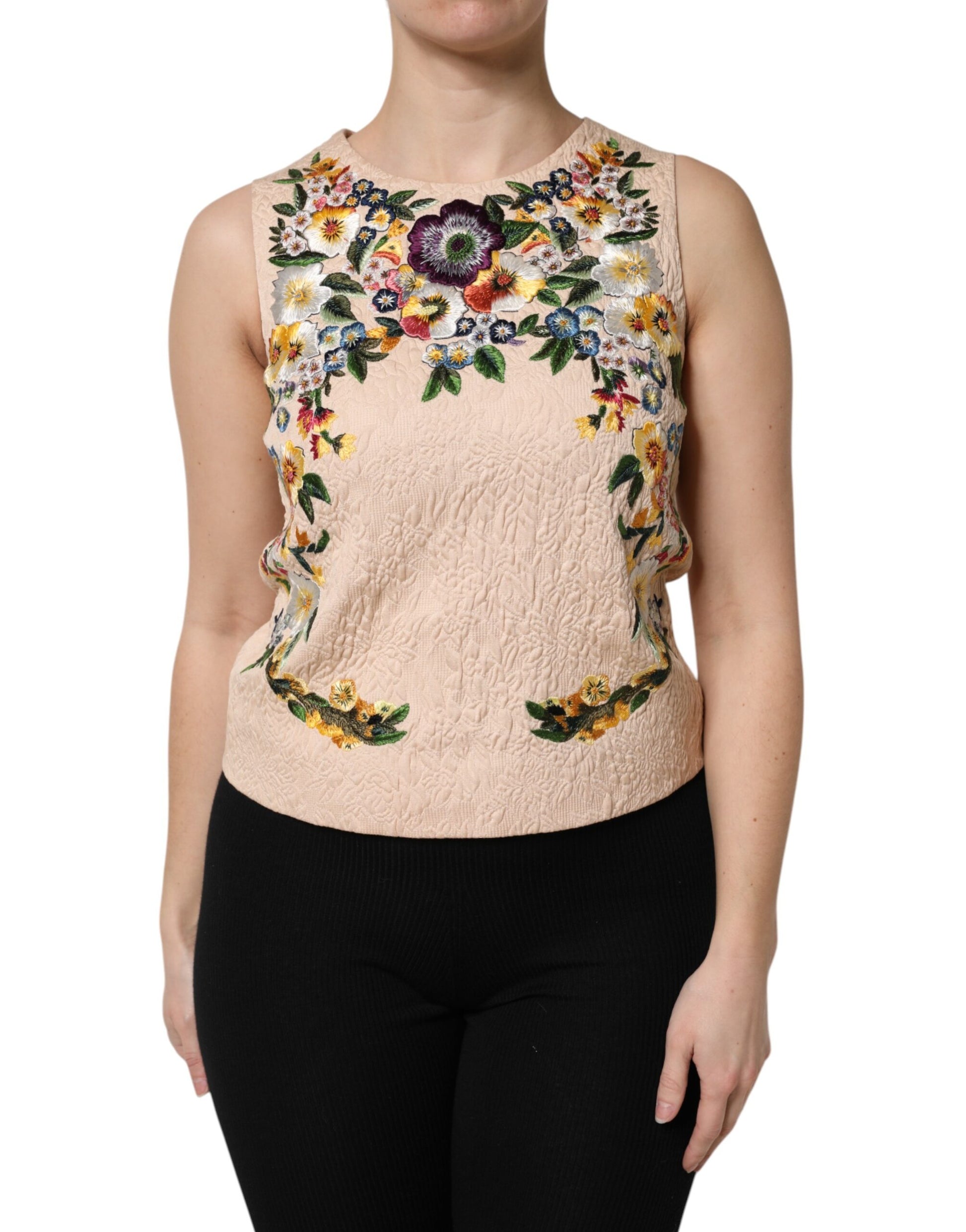 Dolce & Gabbana Beige Floral Embroidery Sleeveless Tank Top Dolce & Gabbana
