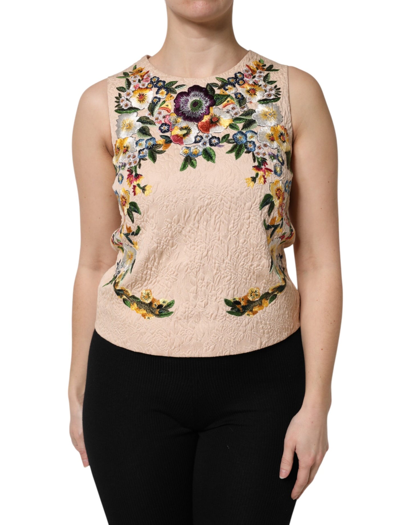 Dolce & Gabbana Beige Floral Embroidery Sleeveless Tank Top Dolce & Gabbana