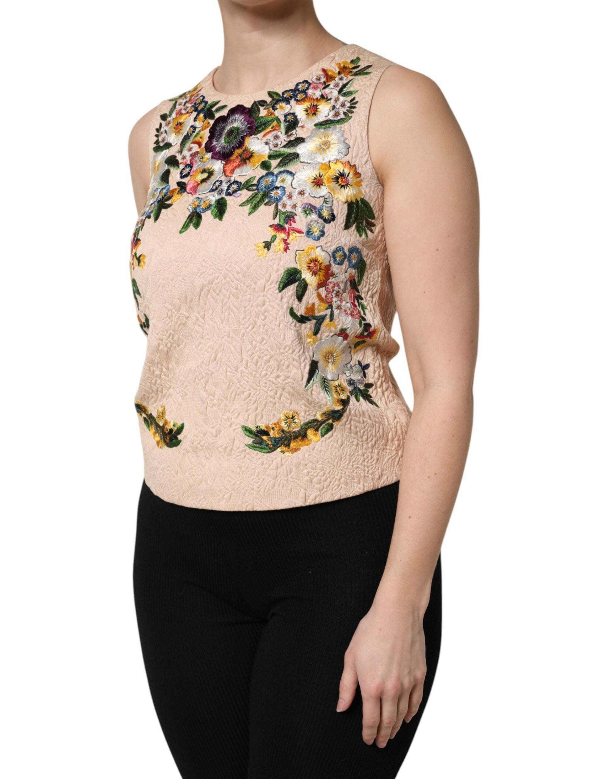 Dolce & Gabbana Beige Floral Embroidery Sleeveless Tank Top Dolce & Gabbana