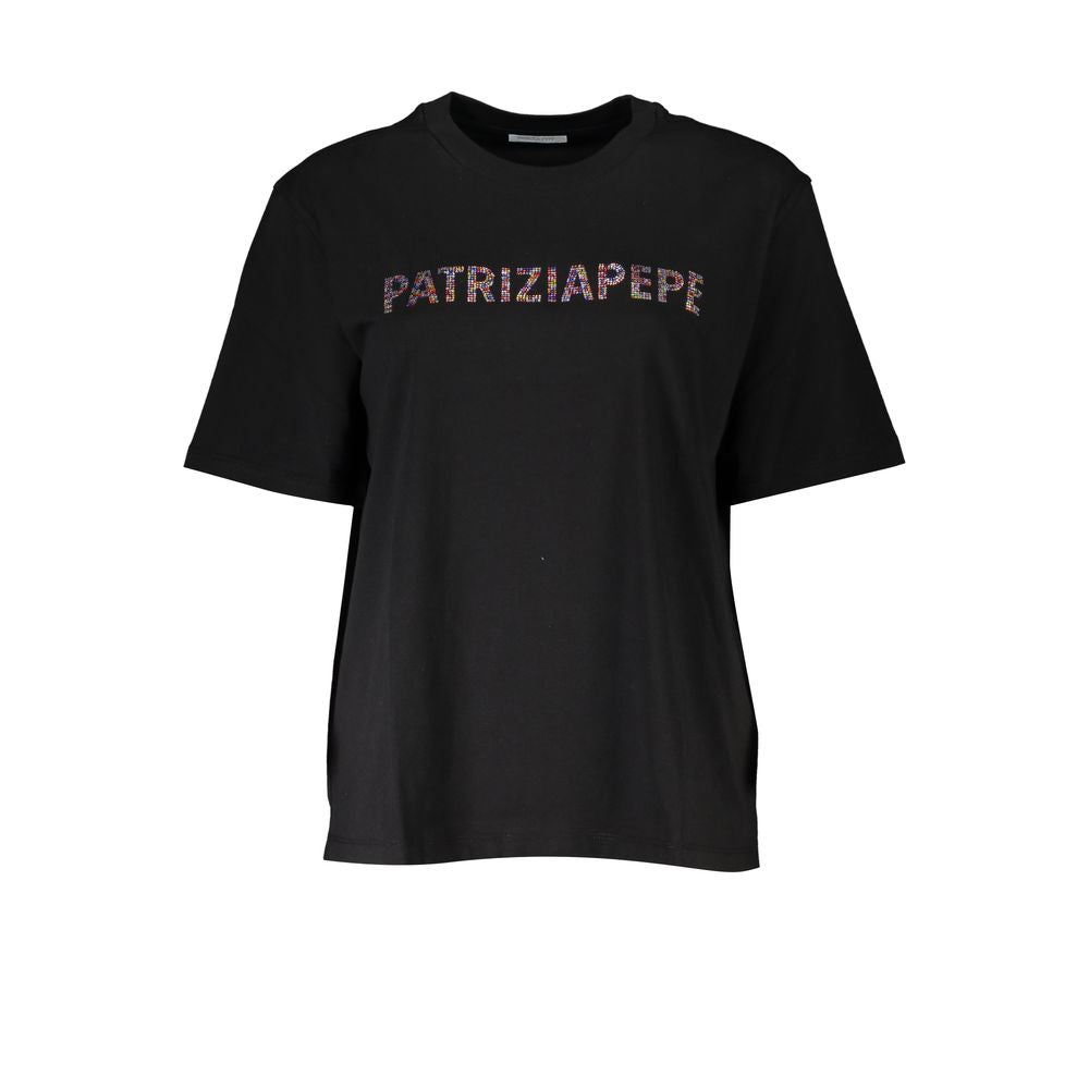 Black cotton women's T-shirt by Patrizia Pepe featuring a simple crew neck and relaxed fit, displayed on a hanger.