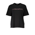 Black cotton women's T-shirt by Patrizia Pepe featuring a simple crew neck and relaxed fit, displayed on a hanger.
