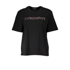 Black cotton women's T-shirt by Patrizia Pepe featuring a simple crew neck and relaxed fit, displayed on a hanger.