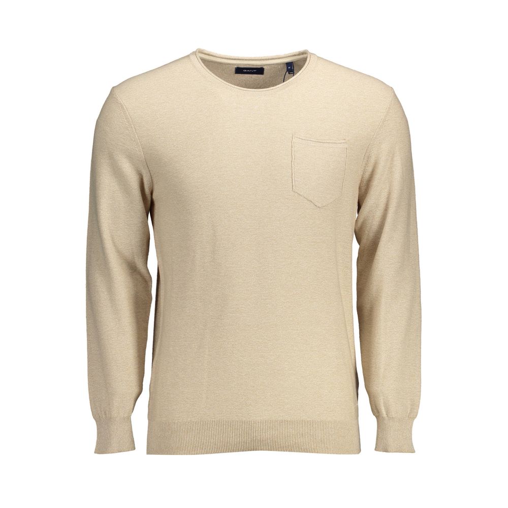 Gant beige cotton men's sweater with a crew neck and ribbed cuffs, displayed on a neutral background.
