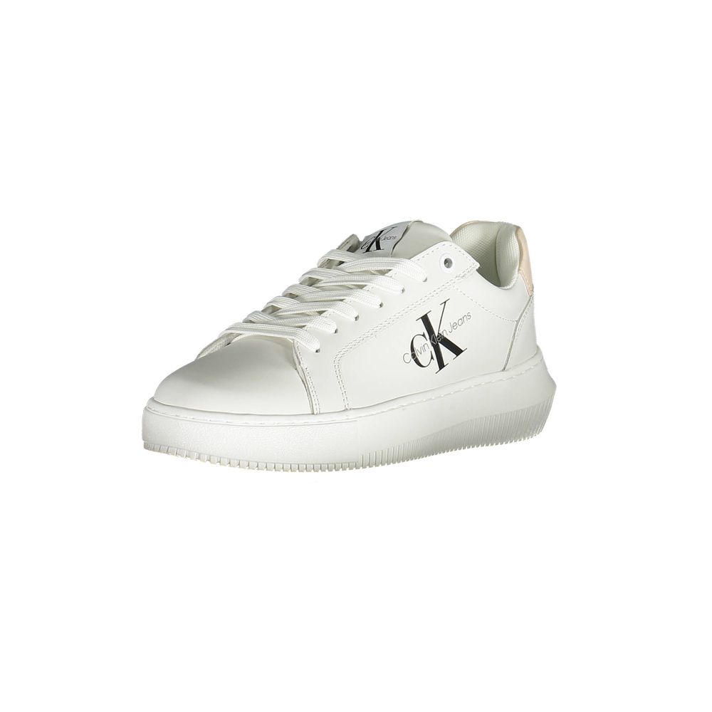 White leather women's sneaker by Calvin Klein with clean design and laces, casual footwear for everyday wear.