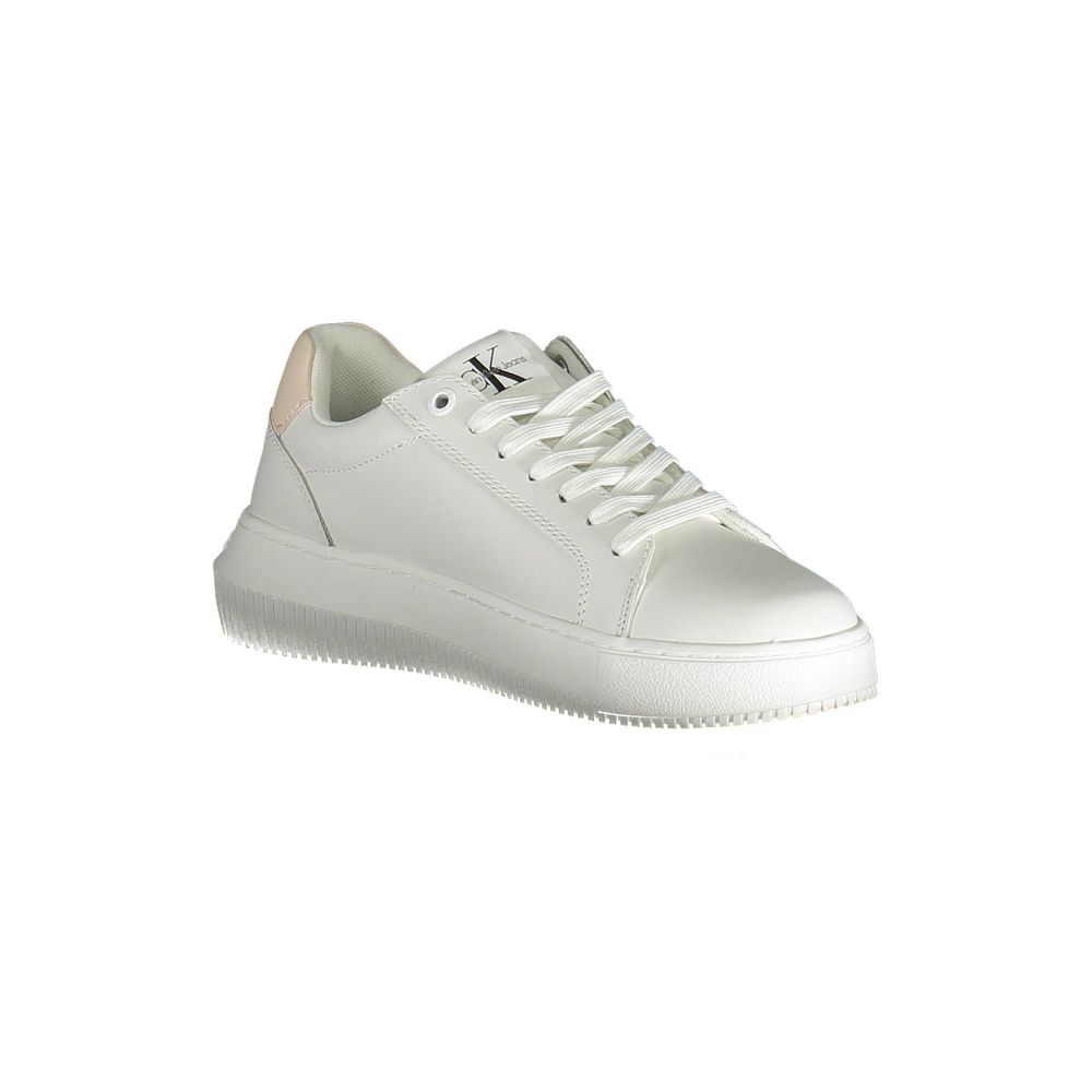White leather Calvin Klein women's sneaker with sleek design and rubber sole, perfect for casual wear.