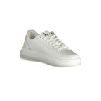 White leather Calvin Klein women's sneaker with sleek design and rubber sole, perfect for casual wear.