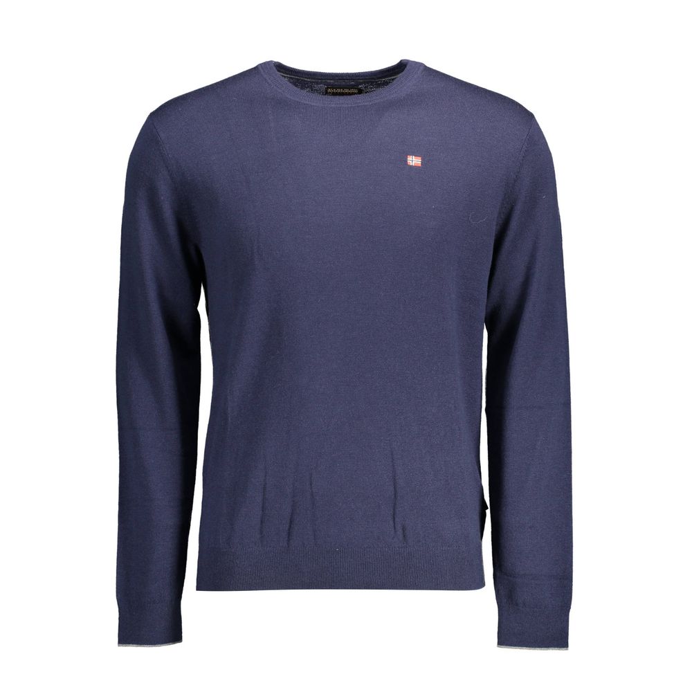 Napapijri blue wool men's sweater with crew neckline, featuring a textured knit pattern and ribbed cuffs and hem.