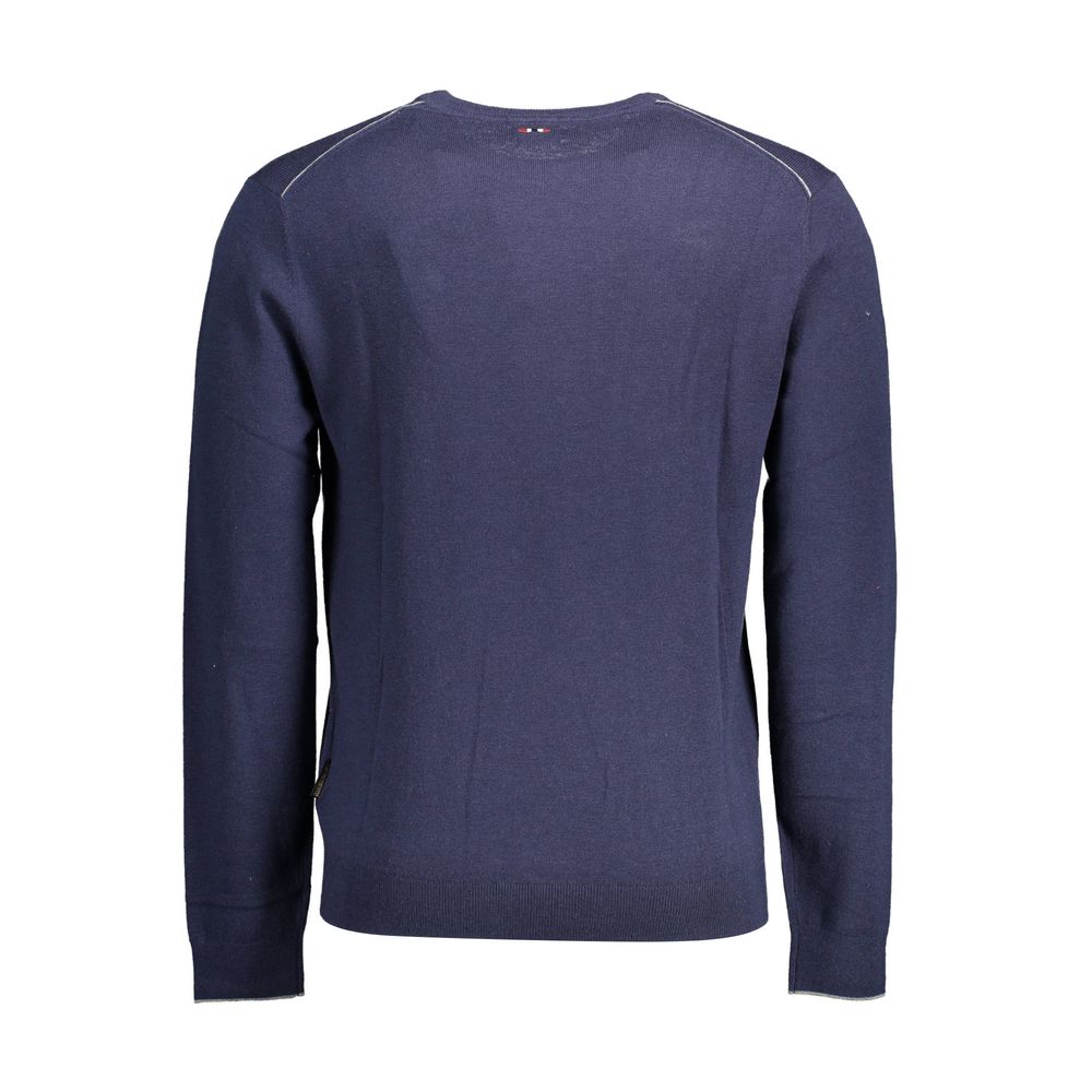 Napapijri blue wool men's sweater displayed on a hanger, showcasing a cozy knit, ribbed cuffs, and a classic crew neckline.