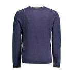 Napapijri blue wool men's sweater displayed on a hanger, showcasing a cozy knit, ribbed cuffs, and a classic crew neckline.