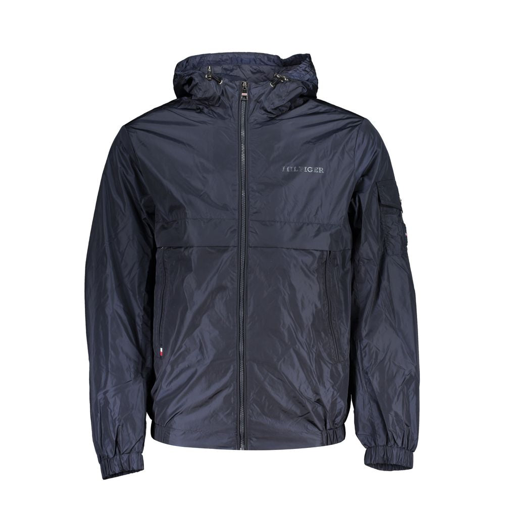 Tommy Hilfiger men's blue nylon jacket with front zipper, stand collar, and side pockets, casual outerwear for men.