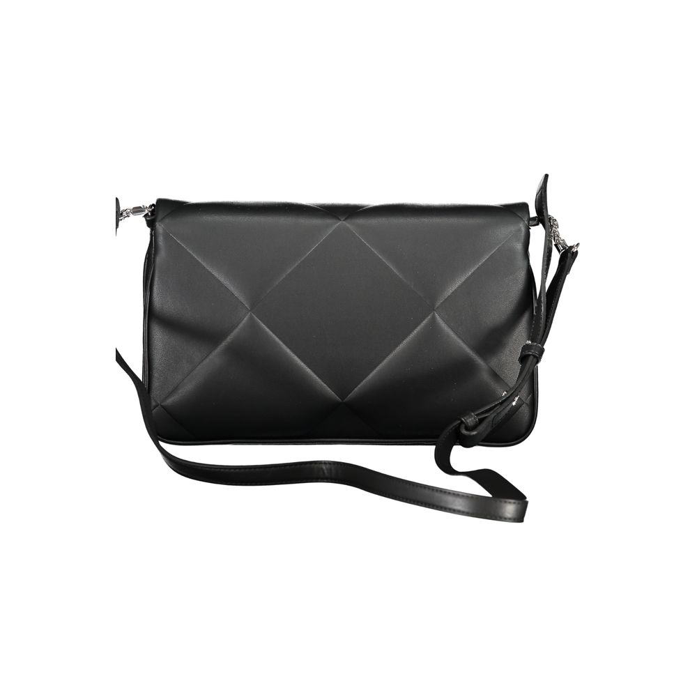 Black Calvin Klein polyurethane women's handbag with sleek design and silver hardware, featuring a top handle and spacious interior.