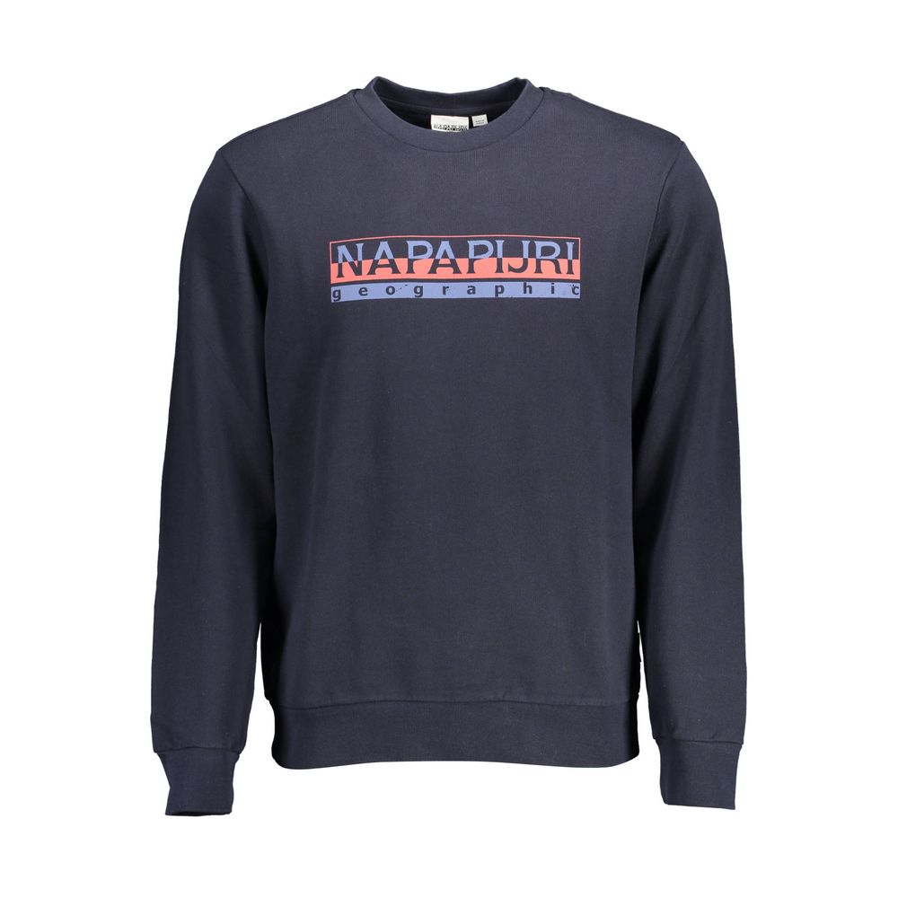 Napapijri blue cotton men's sweatshirt with a crew neckline and relaxed fit, displayed on a hanger.
