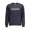 Napapijri blue cotton men's sweatshirt with a crew neckline and relaxed fit, displayed on a hanger.
